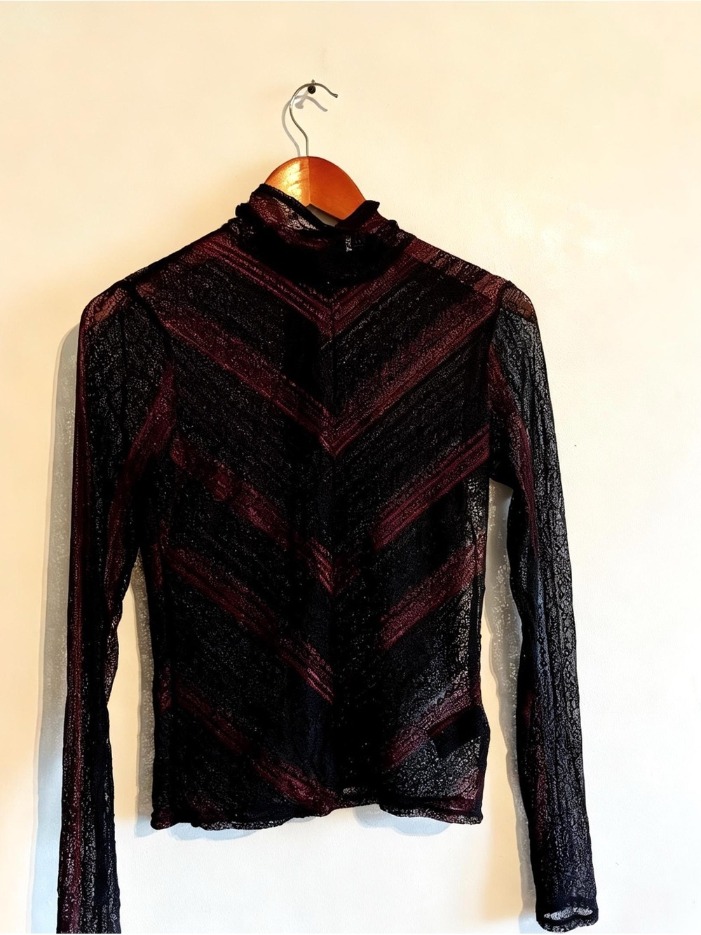 & Other Stories Black and Burgundy Sheer Mock Neck Long Sleeve Top